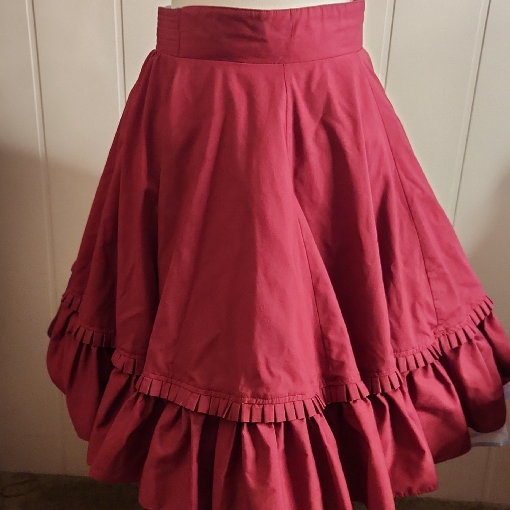 Vintage Maroon Circle Skirt With Ruffles Flowy Skater Skirt